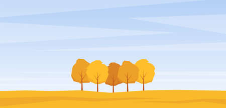 Vector illustration: Autumn landscape with trees on yollow field.のイラスト素材