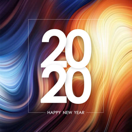 Happy New Year 2020 on colorful flow poster background. Trendy design