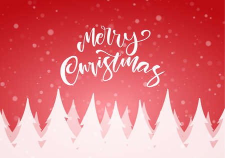 Vector illustration: Handwritten brush lettering of Merry Christmas with snowy pine forest on red winter background.のイラスト素材