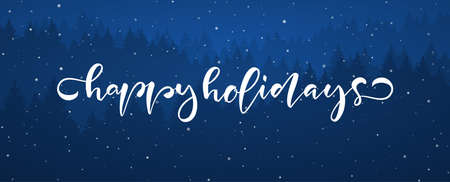 Vector illustration: Handwritten modern brush lettering of Happy Holidays on blue forest background.のイラスト素材