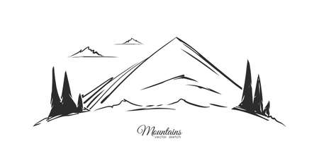 Vector illustration: Hand drawn Mountains landscape sketch with hills and pines on foreground.のイラスト素材