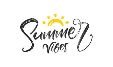 Vector illustration: Handwritten type lettering composition of Summer Vibes with hand drawn brush sunのイラスト素材