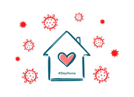 Vector illustration: Coronavirus pandemic poster with Hand drawn house and virus. Stay at Home in covid-19.のイラスト素材