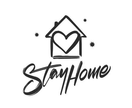 Vector illustration: Handwritten lettering of Stay Home with hand drawn house, heart and viruses. Stop epidemicのイラスト素材