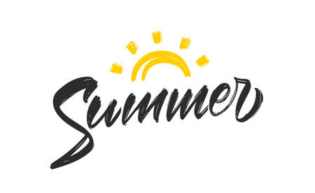 Hand drawn calligraphic textured brush lettering of Summer with sun.のイラスト素材