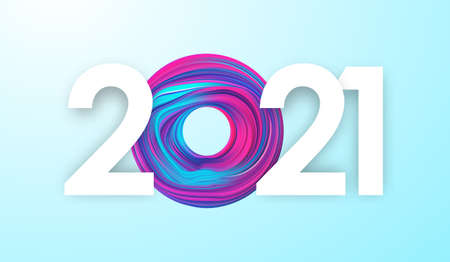 Vector illustration: Happy New Year 2021. Greeting card with colorful abstract fluid shape.