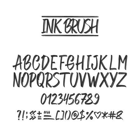 Vector illustration: Hand Drawn ink brush grunge Font. English Alphabet letters on white background. Numbers and punctuation.のイラスト素材