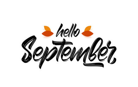 Vector handwritten type lettering of Hello September with fall leaves.のイラスト素材