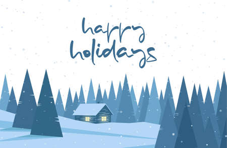 Vector illustration: Winter christmas flat landscape with cartoon house and handwritten lettering of Happy Holidays.のイラスト素材
