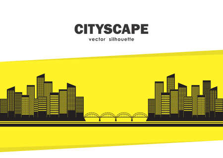 Vector Silhouette of two cities connected by bridge on yellow background with space for text. Isolated Cityscape.のイラスト素材