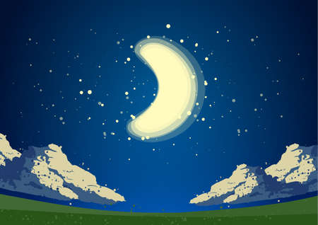 Vector illustration: Landscape background with green field, blue magic night sky, moon and cloudsのイラスト素材