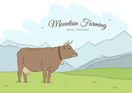 Hand-drawn Cow and rural meadow on the mountain background. Natural landscape.のイラスト素材