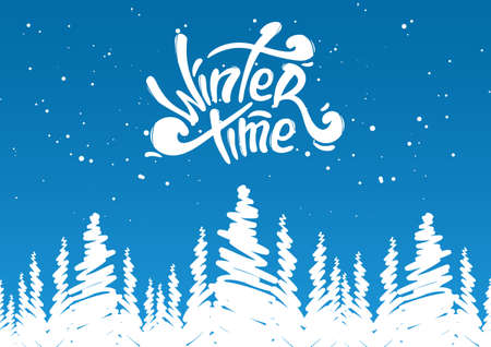 Vector illustration: Seamless background with doodle of pine forest and lettering of Winter Time.のイラスト素材