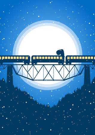 Vector illustration: Santa Claus rides on top of the train on the background of the moon. Christmas greeting card.のイラスト素材