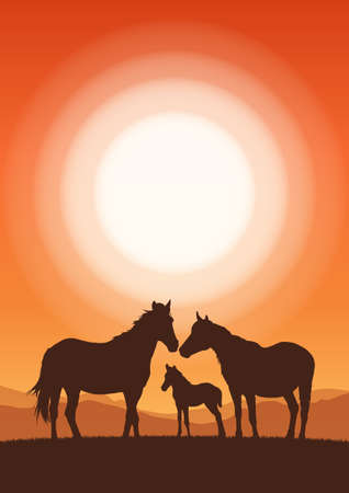 Vector illustration: Vertical Landscape with sunset and silhouette of family horses.のイラスト素材