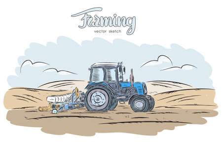 Vector illustration: Hand drawn color sketch with tractor on field.のイラスト素材