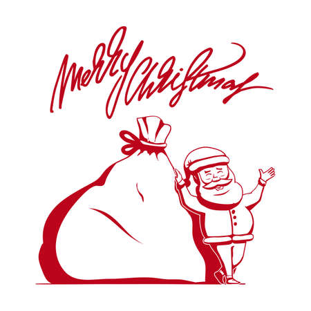 Vector illustration: Santa Claus is leaning on big sack with gifts. Hand drawn lettering of Merry Christmas. Sketch line styleのイラスト素材