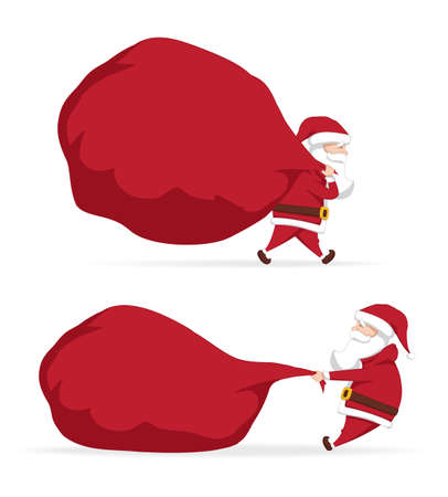 Vector illustration: Set of two Santa Clauses carries and pulls a heavy bag full of gifts. Cartoon scene. Merry Christmas.のイラスト素材
