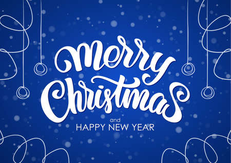 Vector illustration: Merry Christmas and Happy New Year. Handwritten elegant modern brush lettering with hand drawn decoration on blue snowflake background.のイラスト素材