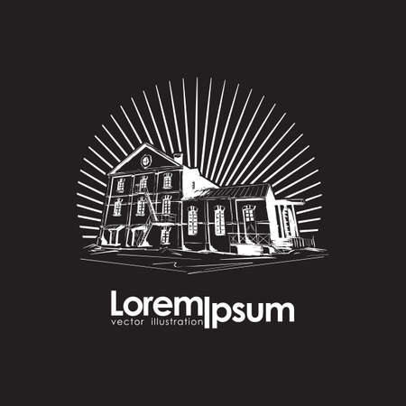 Emblem with Old Water Mill isolated on black background.のイラスト素材
