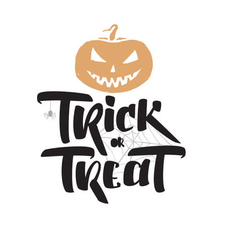 Vector hand drawn type of Trick or Treat with pumpkin and spider. Happy halloweenのイラスト素材