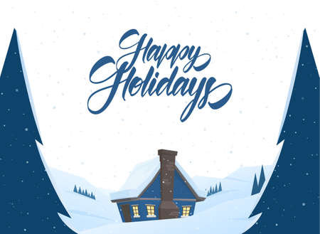 Winter christmas landscape with cartoon house and handwritten lettering of Happy Holidays.のイラスト素材