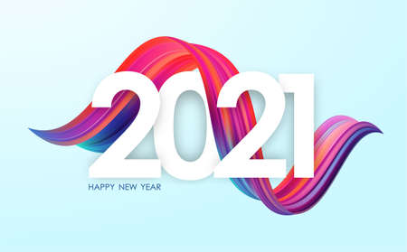 Vector illustration: Happy New Year 2021. Greeting card with colorful abstract twisted acrylic paint stroke shape. Trendy designのイラスト素材
