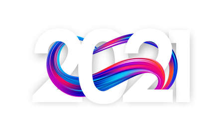 Vector illustration: Happy New Year. Number of 2021 with colorful abstract twisted paint stroke...