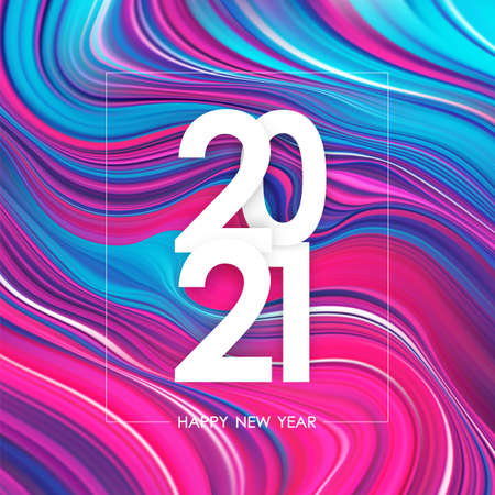 Vector illustration: Happy New Year 2021. Greeting poster with colorful abstract liquid paint background. Trendy designのイラスト素材