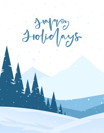 Mountains winter snowy landscape with lettering of Happy Holidays and pines on foreground.のイラスト素材