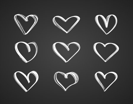 Vector Black outline Hand drawn set of hearts on chalkboard background.のイラスト素材