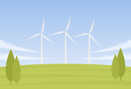 Vector illustration: Summer landscape with three Wind energy turbinesのイラスト素材