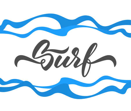 Vector illustration. Vintage elegant hand lettering of Surf on white background with abstract blue waves.のイラスト素材