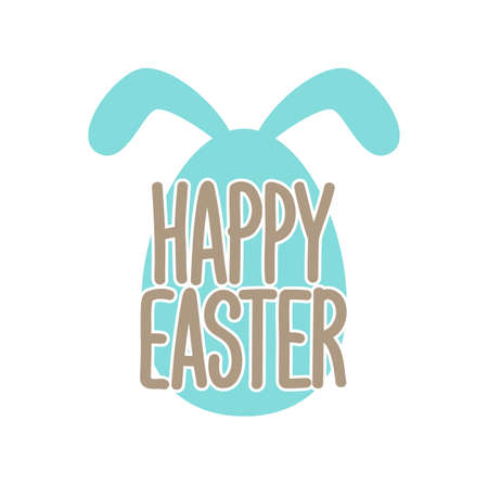Vector illustration: Greeting lettering of Happy Easter with decorative egg and bunnies ears.