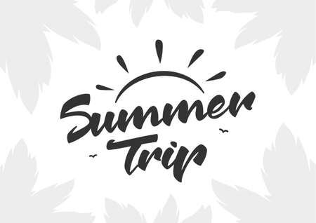 Vector illustration: Brush lettering of Summer Trip with light silhouette of palm leaves.のイラスト素材