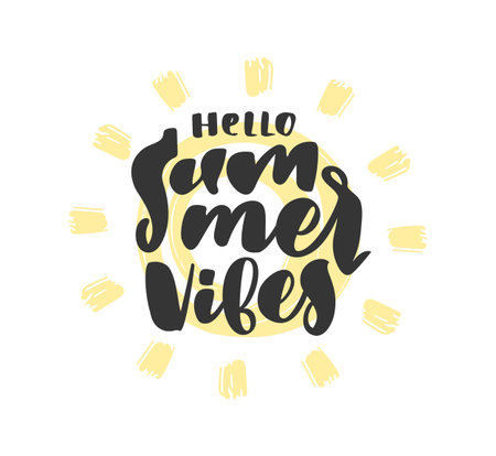 Vector Handwritten calligraphic type lettering composition of Hello Summer Vibes with hand drawn sun.のイラスト素材