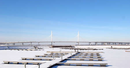 Bridge. Overpass the new road bridge across the Gulf of Finland. Clear day, shooting from St. Petersburg. Pierce on the background of bridge.の写真素材