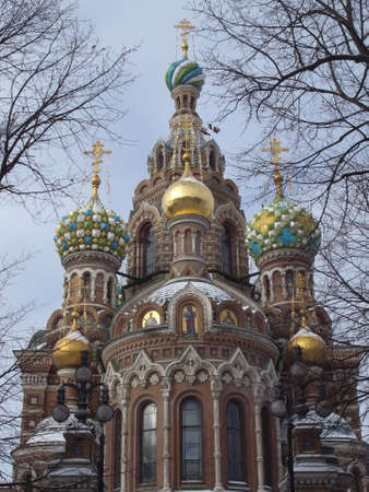 Church of the Savior on Spilled Blood. Beautiful domes against the blue sky: framed by tree branches. St. Petersburg.の写真素材