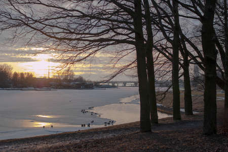 Evening in the park. The evening sun illuminates trees and buildings. Sun glare on the ice. Early spring.の写真素材