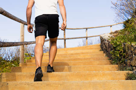 Legs of a young unrecognizable sportsman going up stairs a sunny day, sports shoes. Views from back and below.の写真素材