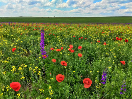Field of poppies and lupins in the spring.の写真素材
