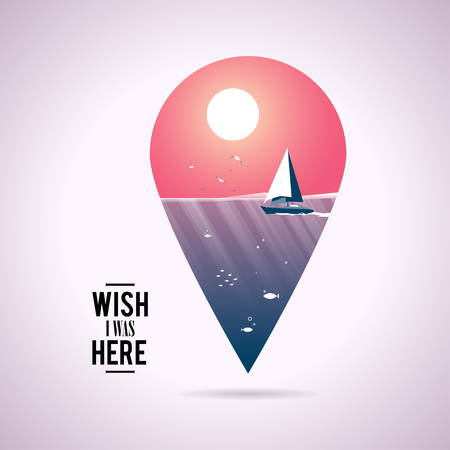 Design Illustration Concepts Icon Location Ship at Sunset with Style Typography. Vector Illustration. Concepts Web Banner and Printed Materials. Trendy and Beautiful. Gradient Background.のイラスト素材