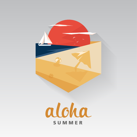 Design Illustration Concepts Summer Landscape with Style Typography. Vector Illustration. Concepts Web Banner and Printed Materials. Trendy and Beautiful. Polygonal Vector Backgroundのイラスト素材