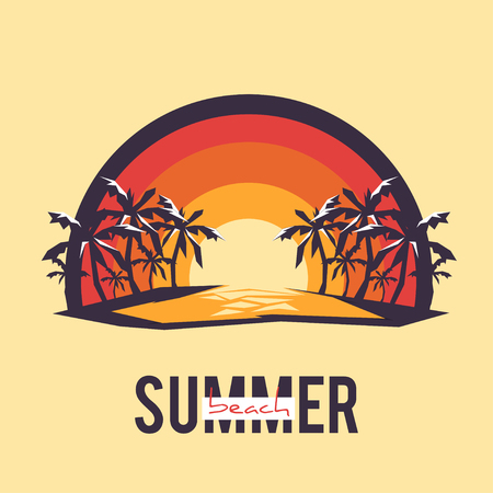 Design Illustration Concepts Summer Landscape with Style Typography. Vector Illustration. Concepts Web Banner and Printed Materials. Trendy and Beautiful. Polygonal Low Polyのイラスト素材