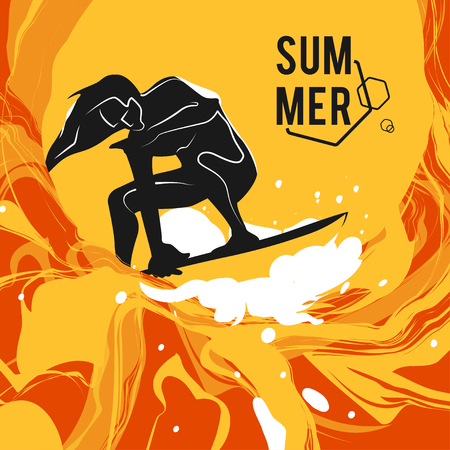 Vector summer holiday background with stylish typography. Surfer riding the waves. Beautiful summer sunsetのイラスト素材