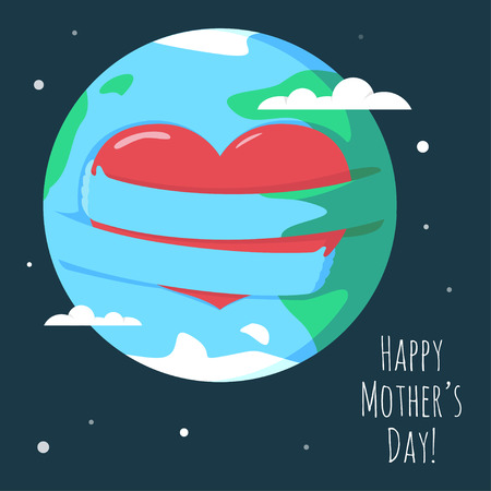 Romantic and love illustration of the globe with his hands, that hugs heart. Greeting Card for Happy Mother's Day.のイラスト素材