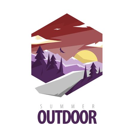 Design Icon Concepts Mountain Landscape in Hexagon with Text. Concepts Web Banner and Printed Materials. Trendy and Beautiful. Summer is Comingのイラスト素材