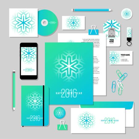 Corporate identity business set design. Vector stationery template design with new year elements, 2016, snowflake. Documentation for business.のイラスト素材
