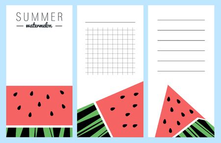 Collection of summer watermelon cards, notes, stickers, labels, tags with cute ornament illustrations. Template for scrapbooking, wrapping, notebooks, notebook, diary, decals, school accessoriesのイラスト素材