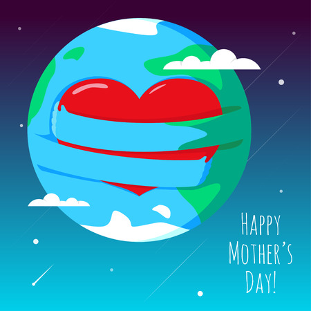 Romantic and love illustration of the globe with his hands, that hugs heart. Greeting Card for Happy Mother's Day.のイラスト素材